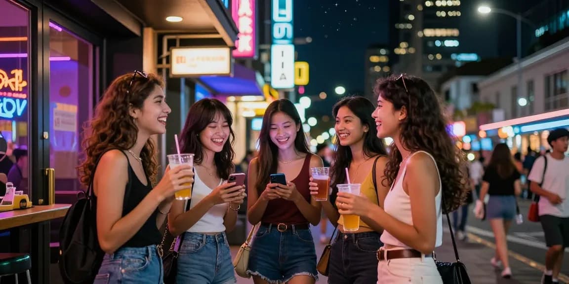 밤알바알아보기와 관련된 여성들이 노래방 앞에서 소통하는 생동감 넘치는 야경 이미지