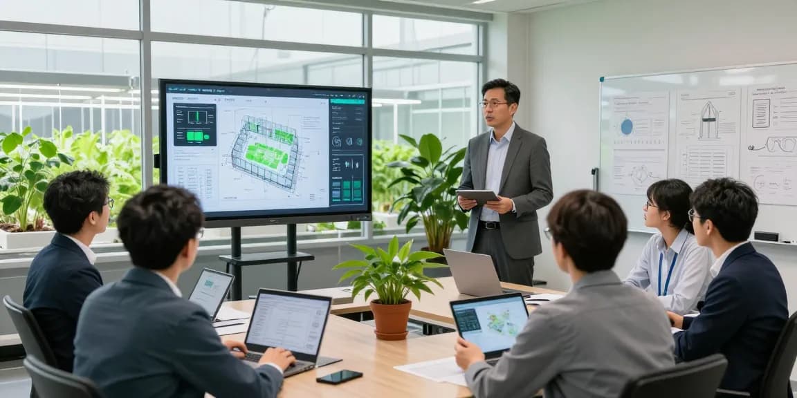 CIKA4D login process in a modern indoor agriculture consultation space, featuring digital displays and professional discussion.