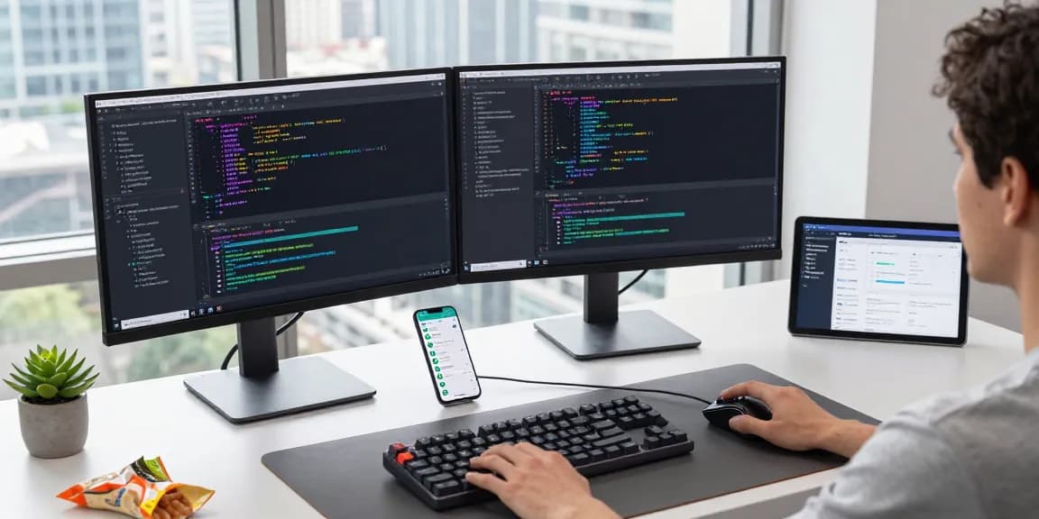 Software developer using AI chatbot at a modern workspace, showcasing coding screens and a vibrant atmosphere.