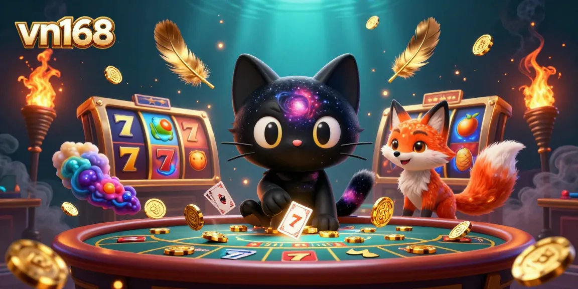 Experience the thrilling casino atmosphere with vn168, featuring a charming black hole cat and vibrant gaming elements.