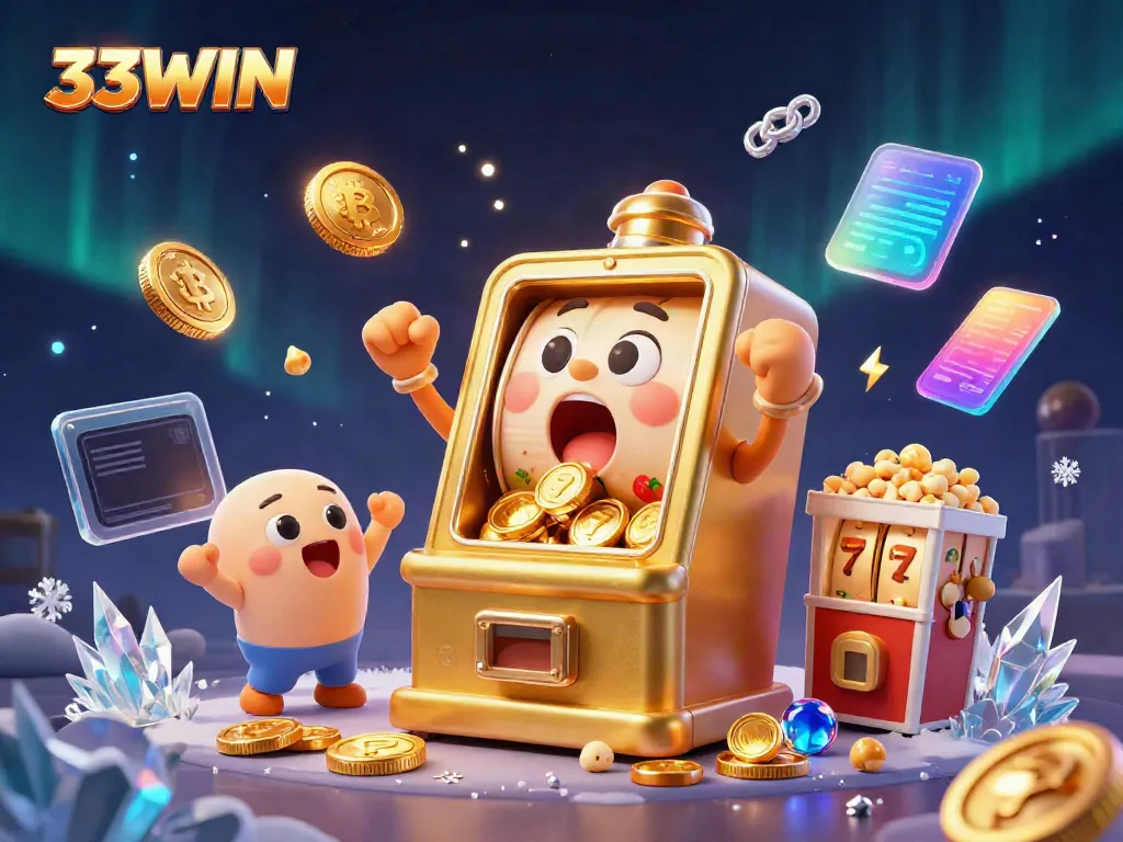 Experience the excitement of 33WIN with a cartoon golden slot machine hitting a jackpot, surrounded by vibrant casino elements.