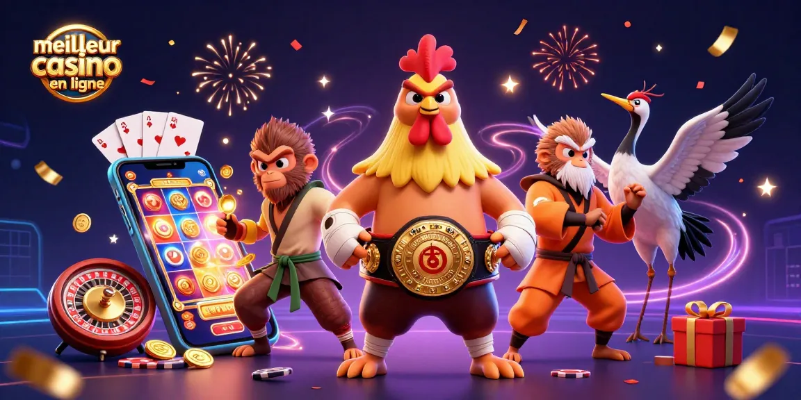 Illustration vibrante du meilleur casino en ligne avec des personnages de jeu 3D et des éléments de jackpot.