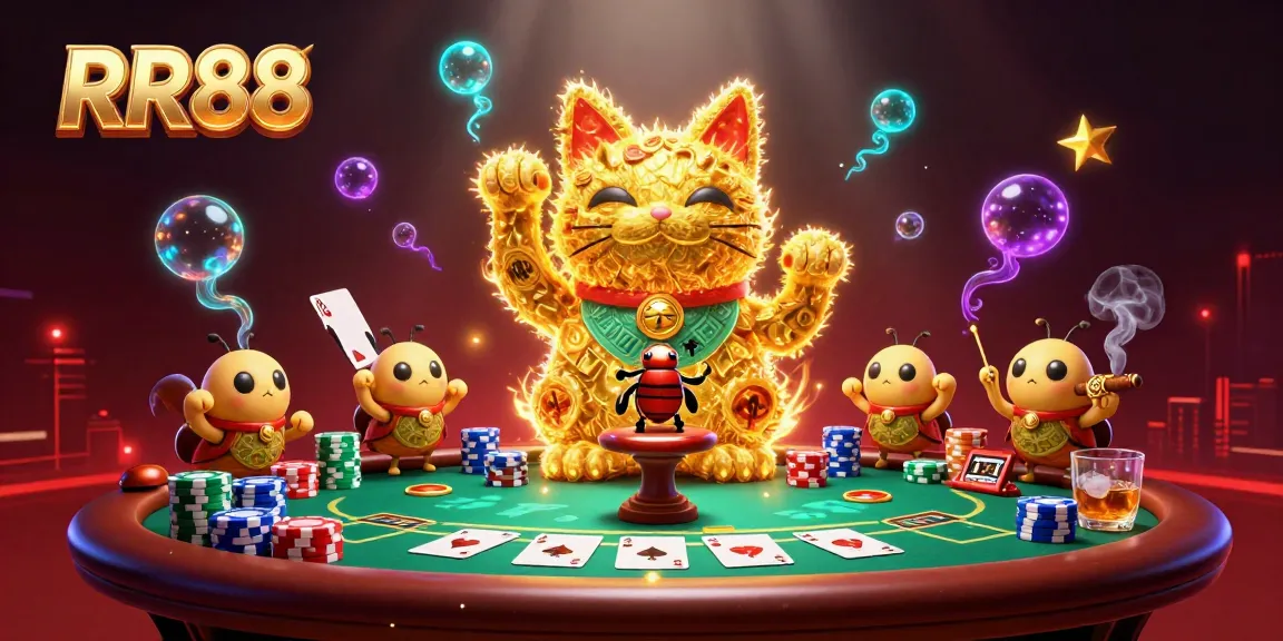 Experience the lively RR88 casino atmosphere with golden fireflies and poker elements in stunning detail.
