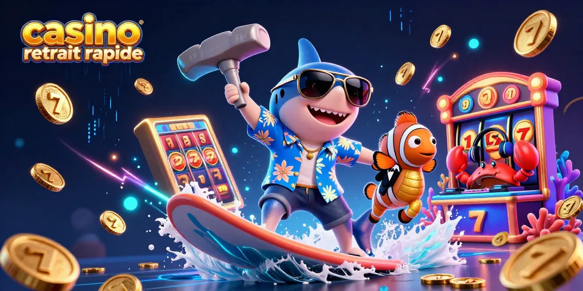 Visuel dynamique sur le thème du casino retrait rapide, rempli de jeux de machines à sous et de poissons animés.