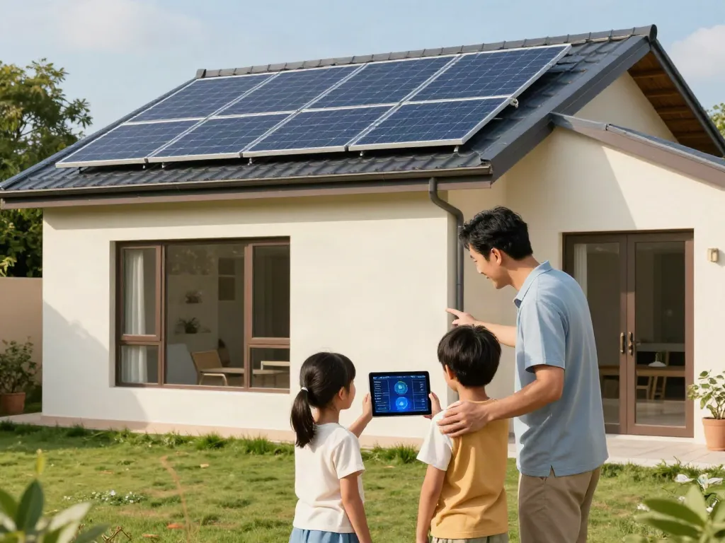 Sistem solar istanawin 5kw terpasang di atap rumah modern, keluarga menikmati hari cerah di luar.