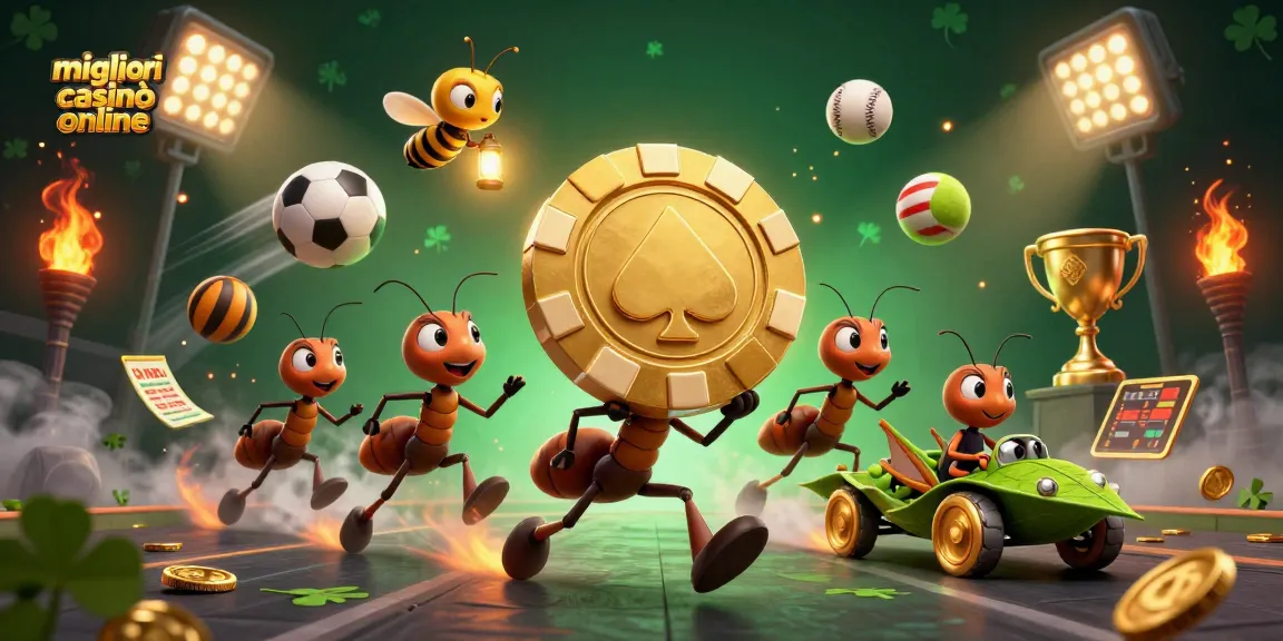 Migliori casinò online: Team di formiche in azione con una fiches dorata gigante, mentre collezionano sport e trofei.
