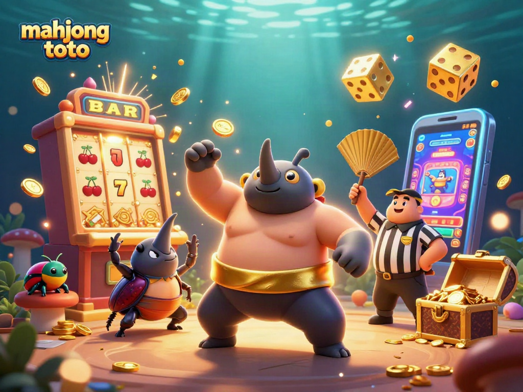 Play mahjong toto with a vibrant 3D illustration featuring a sumo beetle champion amidst cascading coins and jackpot excitement.