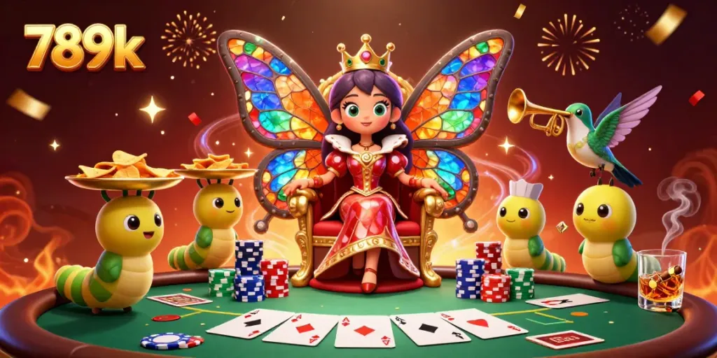 Experience the vibrant world of 789k with a dazzling 3D scene of a butterfly queen and poker elements.
