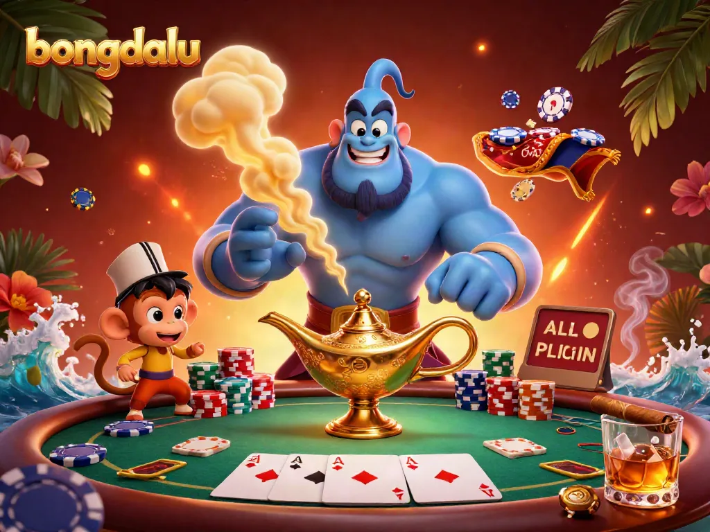 Bongdalu showcases a vibrant 3D genie bursting from a lamp amidst a poker scene, enhancing the gambling experience.