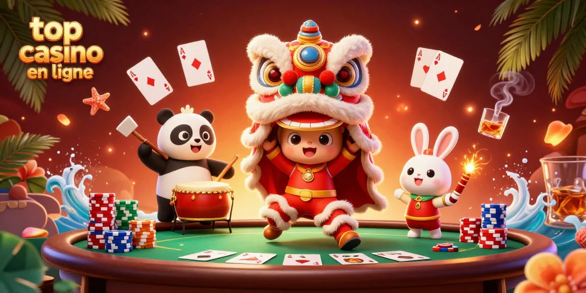 Jouer au top casino en ligne avec un lion dansant, des jetons et des cartes de poker.