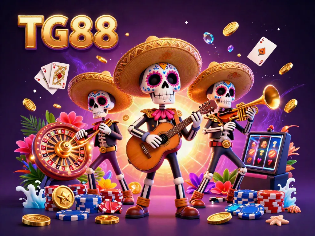 Experience the excitement of TG88 with a vibrant 3D illustration showcasing a mariachi band amidst casino treasures.