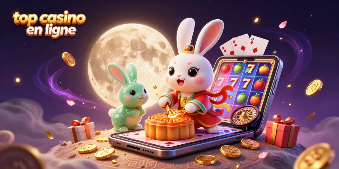 Profitez des jeux au top casino en ligne avec un lapin de lune et des éléments de casino animés.