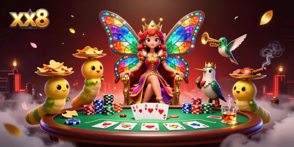 xx8 players engage with a vibrant poker scene featuring a butterfly queen and colorful poker chips