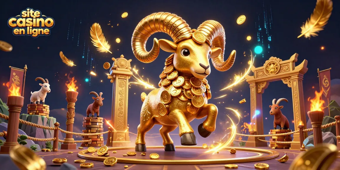 Une scène captivante de site casino en ligne avec un bélier doré et des éléments de jeu dynamiques.