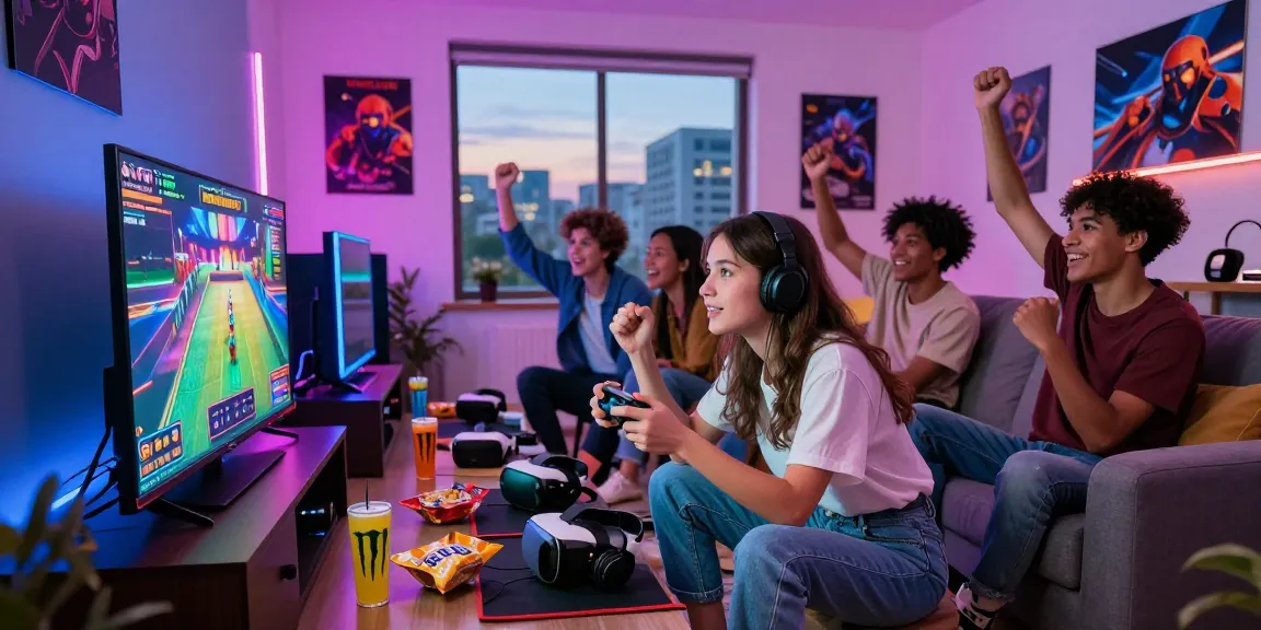 Friends enjoying a vibrant gaming night playing slot77 online with snacks and colorful lights.