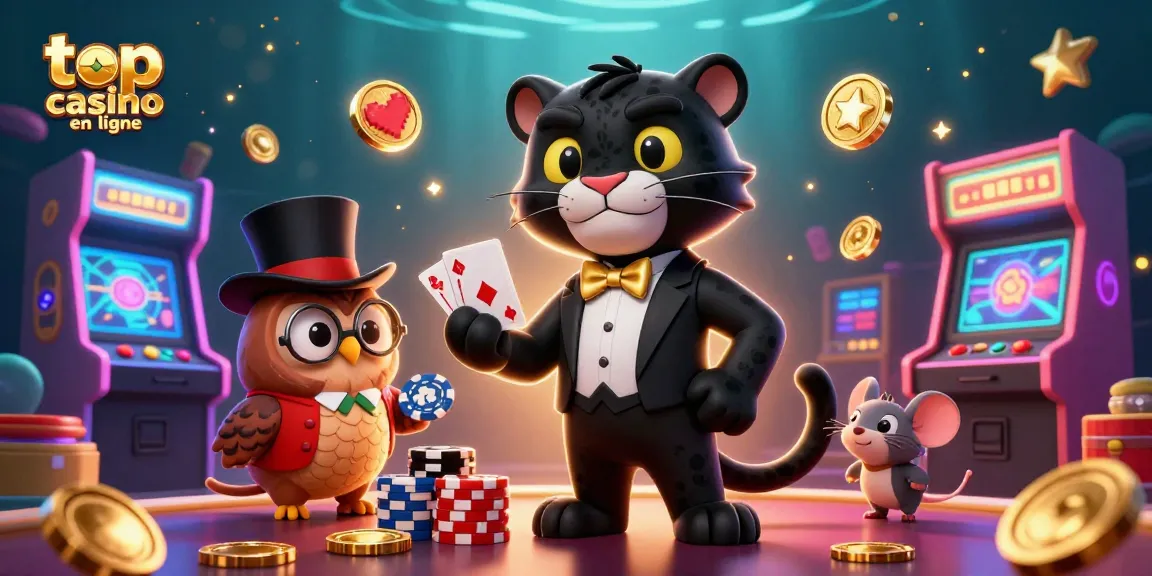 Les personnages animaliers élégants illustrent un top casino en ligne, mettant en avant des cartes et des jetons.