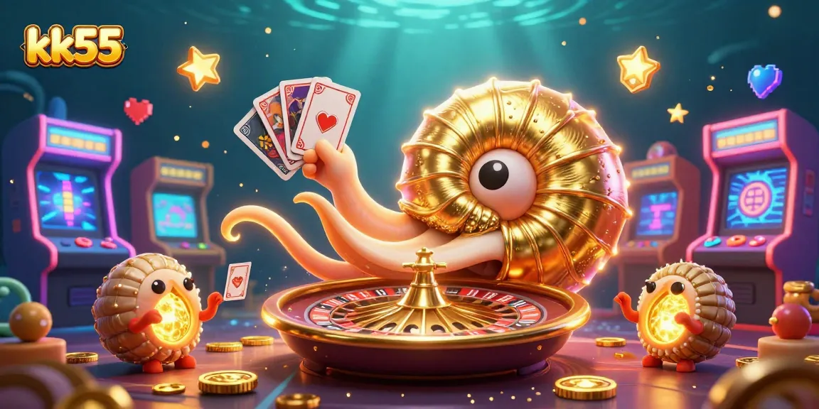 kk55 reveals a vibrant gaming scene with a giant nautilus roulette wheel and glowing cards