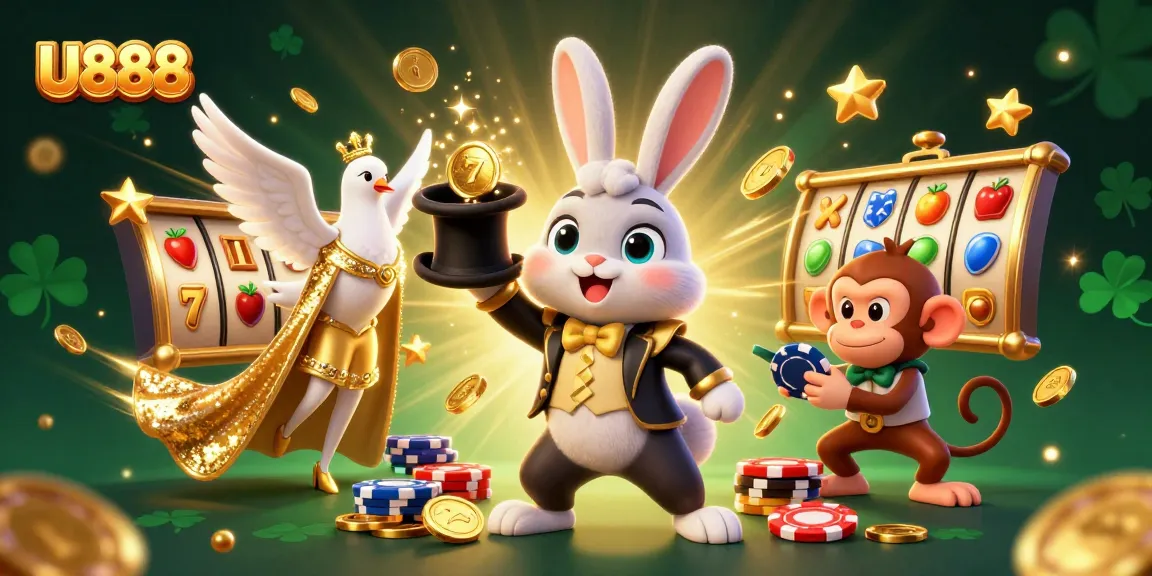 Engage in thrilling slots with U888 as a magician rabbit conjures golden coins in a vibrant casino scene.