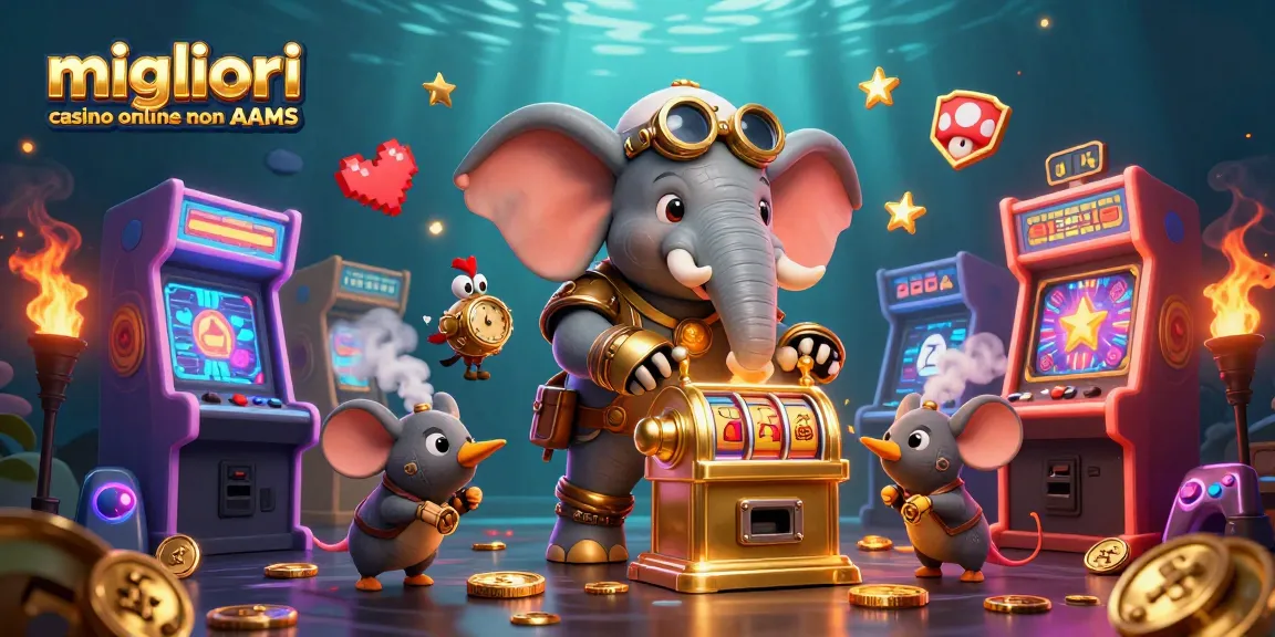 Migliori casino online non AAMS, un ingegnere elefante steampunk gioca con una slot machine dorata immerso in un ambiente virtuale colorato.