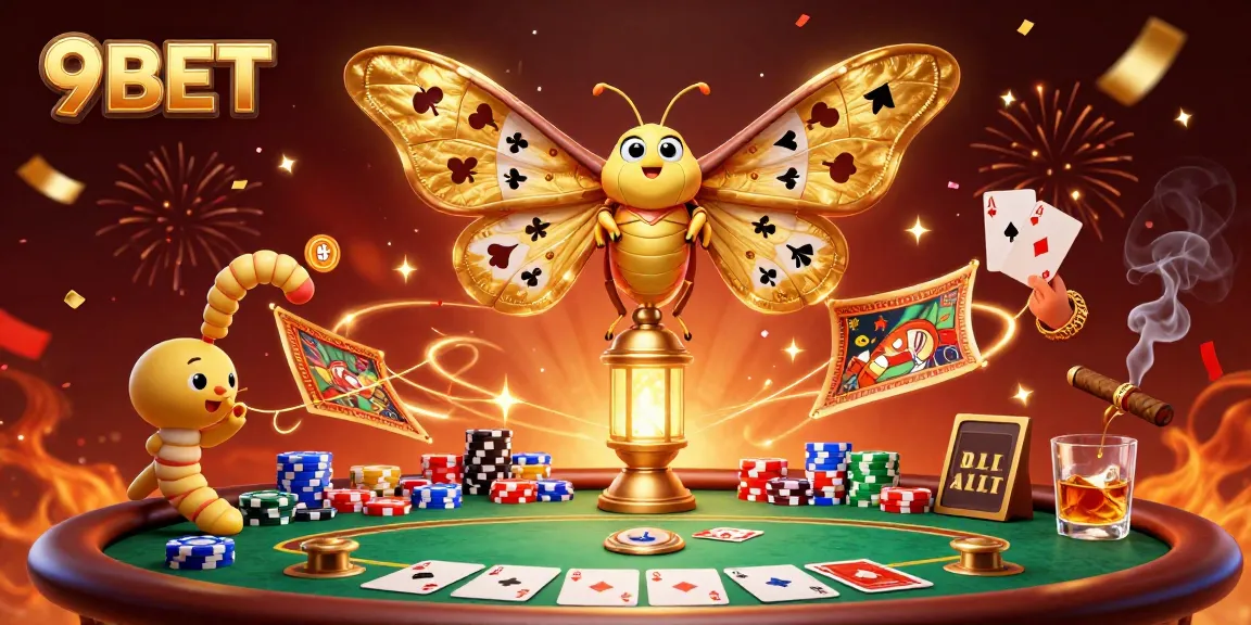 Experience the 9BET allure with this vibrant 3D casino scene showcasing poker elements.