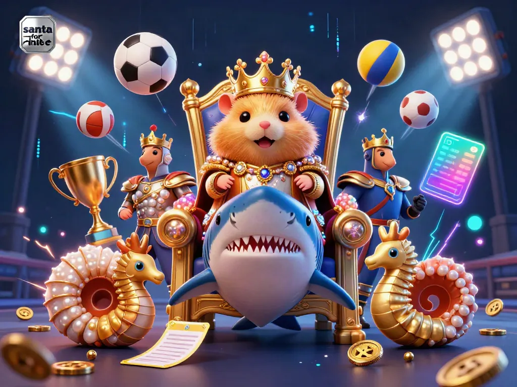 Dynamic 3D scene depicting Santa for hire as a golden hamster king alongside seahorse guards, evoking festive gambling.