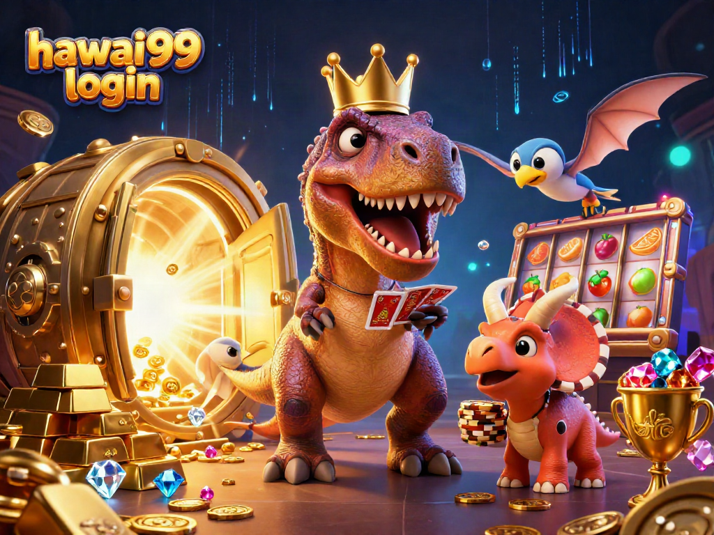 Play slots and enjoy hawai99 login's thrilling casino experience with a dinosaur-themed illustration.
