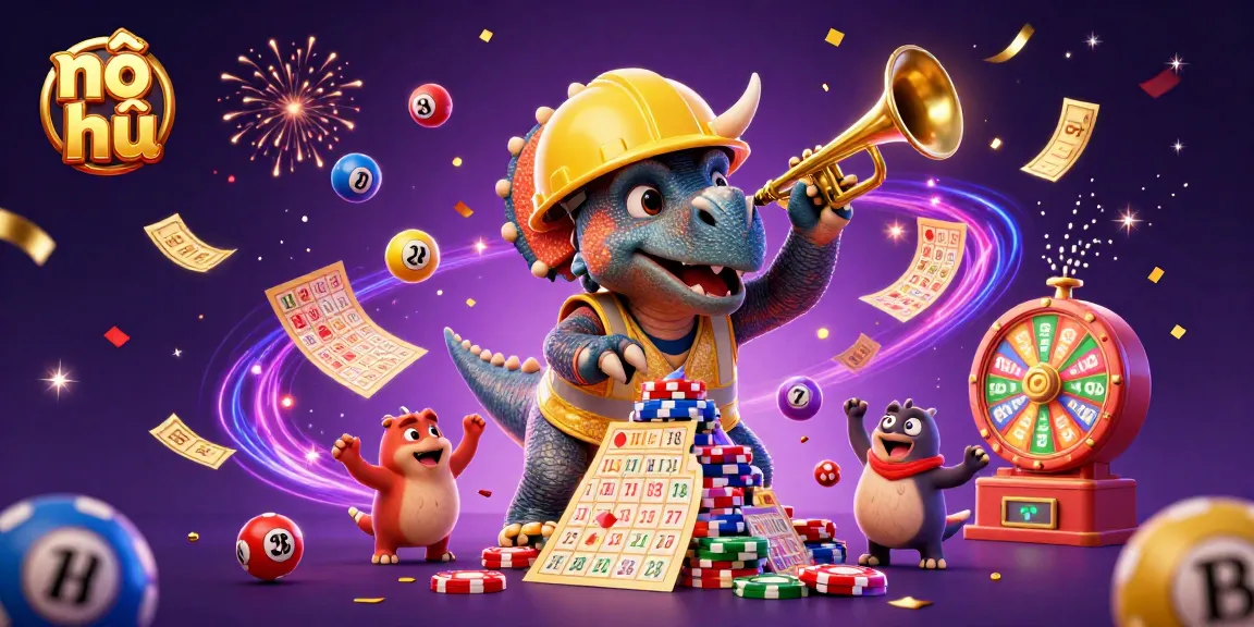 Experience the excitement of nổ hũ with a vibrant 3D celebration scene featuring playful dinosaurs and dynamic lottery elements.