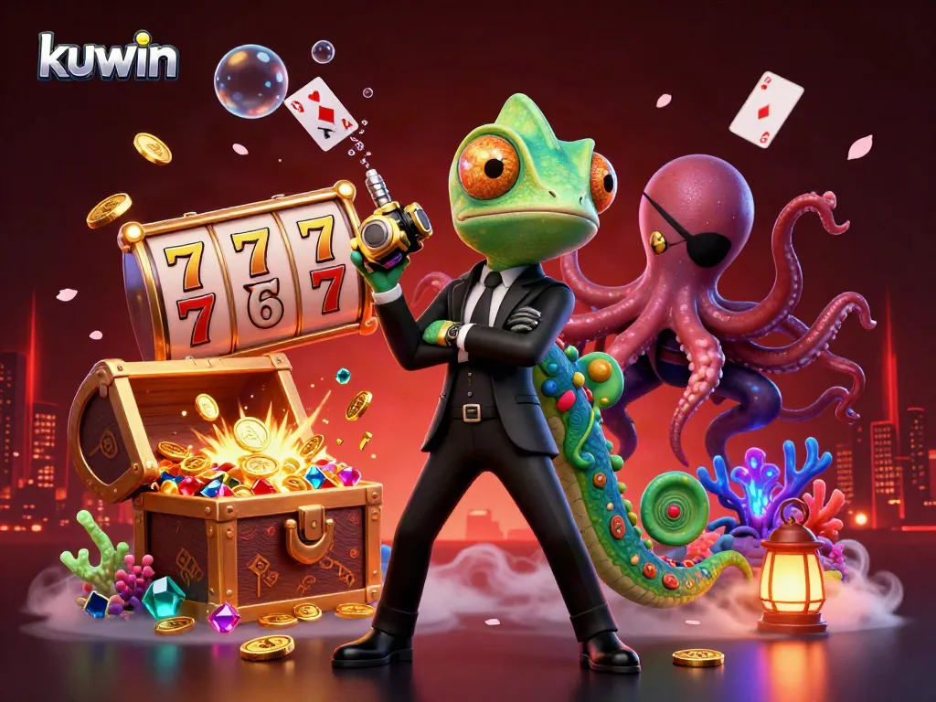 Engage in vibrant kuwin gaming action with a secret agent chameleon and a tech gecko in a lively casino-themed scene.