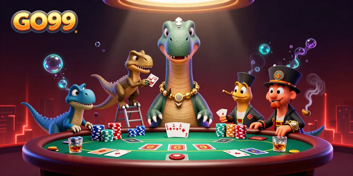 GO99 captivates gamblers in a vivid scene with a brontosaurus and raptor at a poker table.