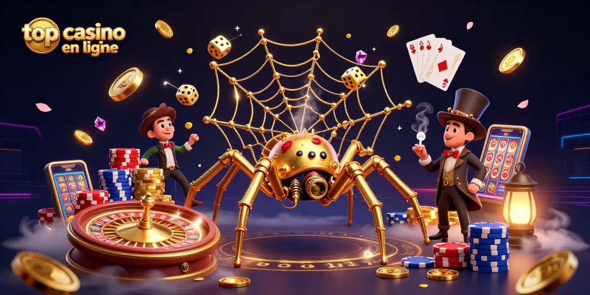 Découvrez le monde captivant des jeux au top casino en ligne, avec une araignée en or steampunk dans une scène animée.
