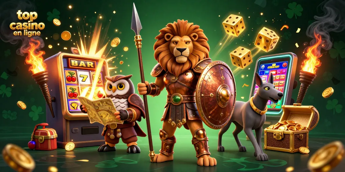 Découvrez le meilleur casino en ligne avec des trésors et symboles chanceux dans une illustration dynamique.