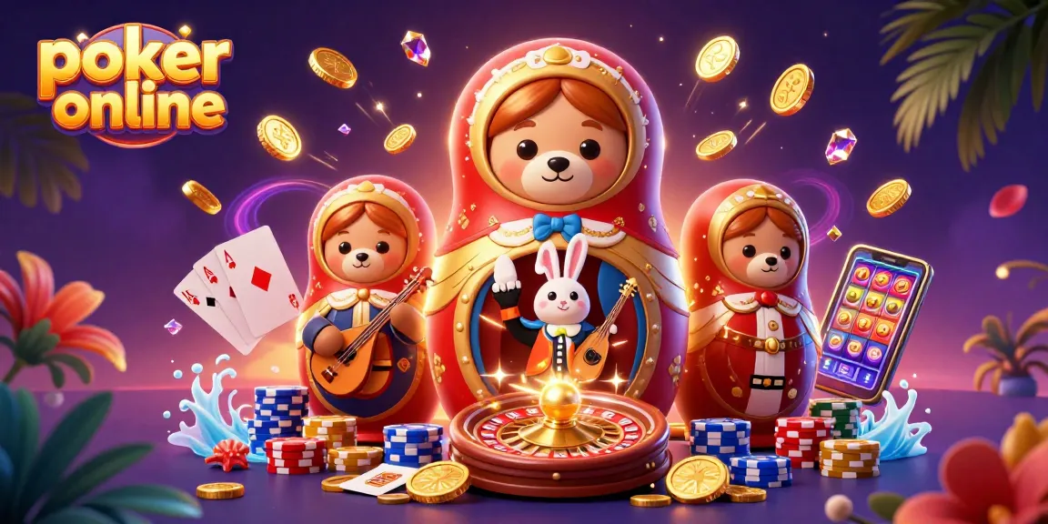 Jouez au poker en ligne avec des ours Matryoshka en tenue de croupier entourés de pièces d'or.