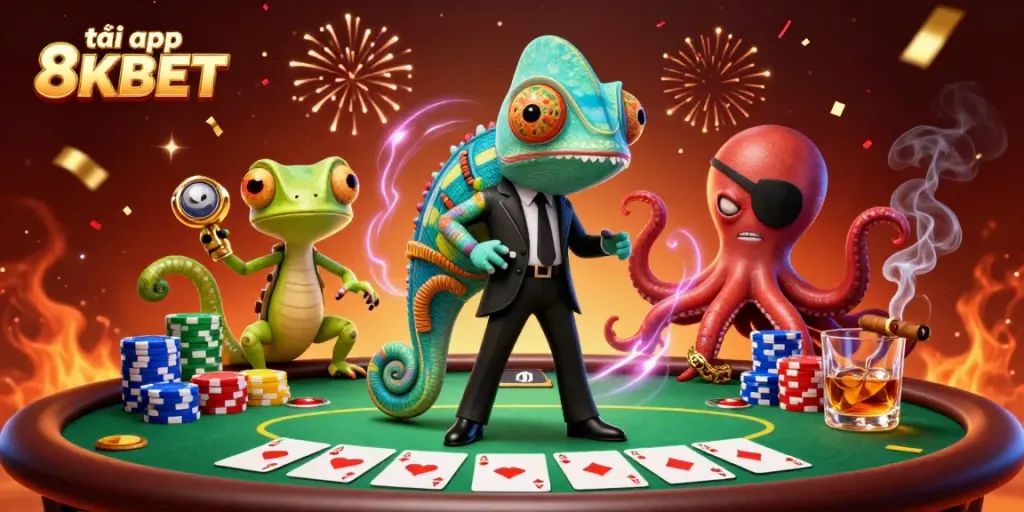 Experience the excitement of tải app 8KBET with a vibrant casino scene featuring colorful chips and characters.