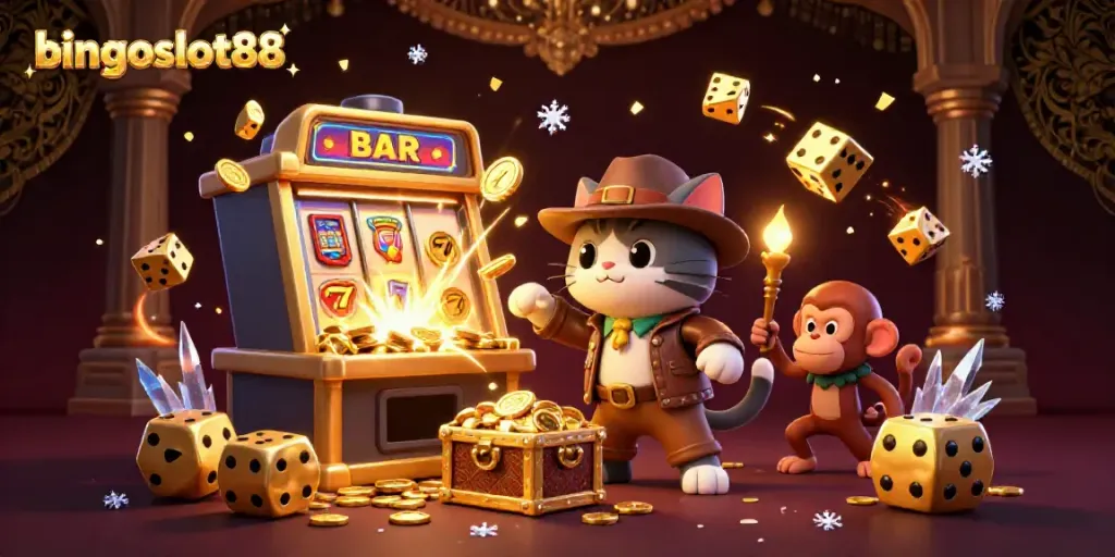 Bingoslot88, menggenggam keberuntungan dengan slot Jackpot yang meledak, kucing penjelajah dan monyet bersorak.