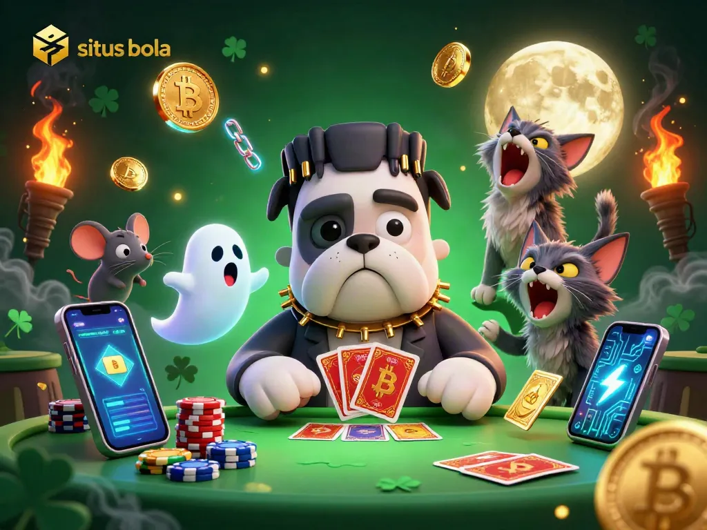 Engage with situs bola in this lively 3D illustration featuring cartoon characters and crypto elements.
