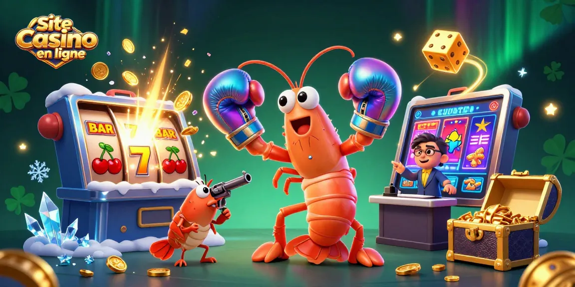 Une scène dynamique de jeu sur le site casino en ligne, illustrant des crevettes boxeuses entourées de machines à sous et d'effets de jackpot.