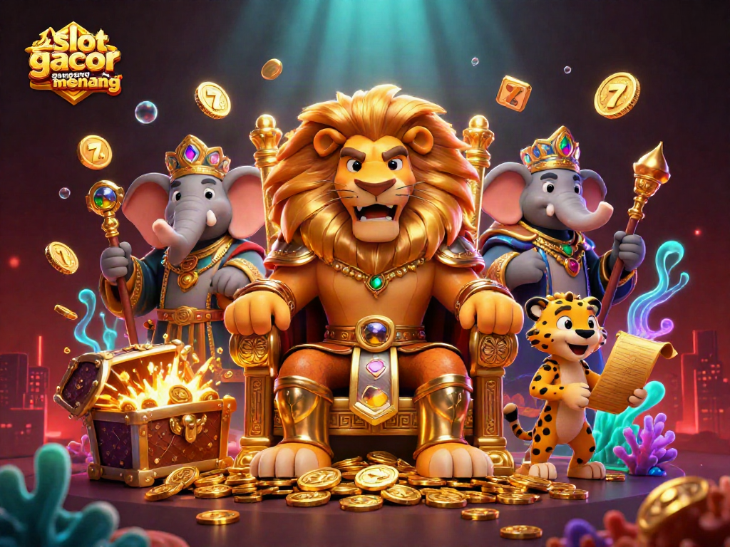Play and win big with slot gacor gampang menang, featuring vibrant 3D casino characters and dynamic game elements in a rich illustration.
