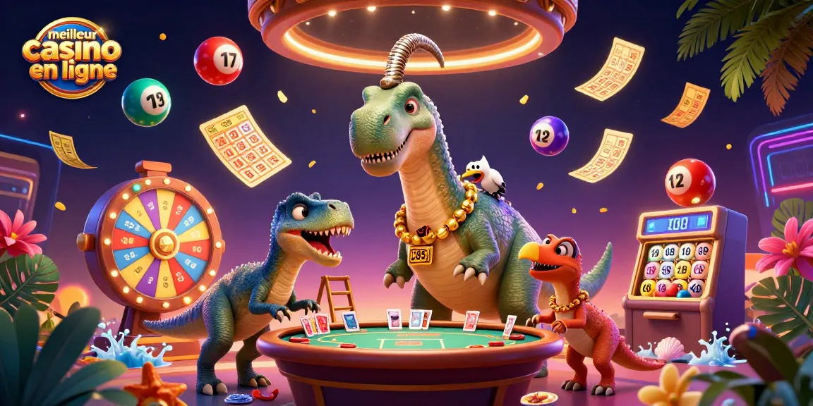 Plongez dans le meilleur casino en ligne avec une illustration colorée de dinosaures et de jeux de casino.