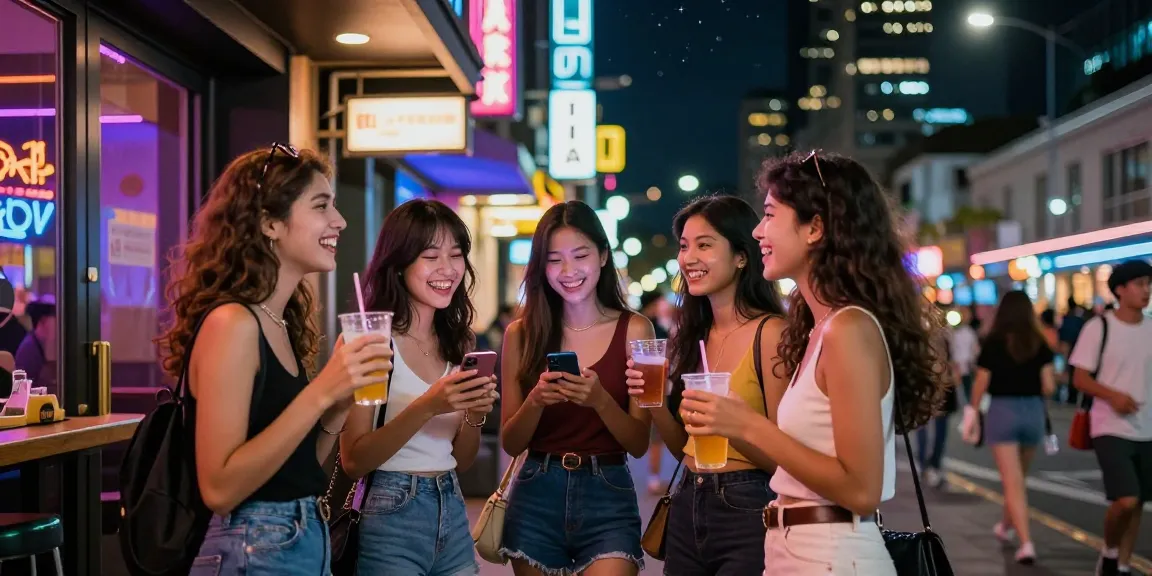 밤알바알아보기와 관련된 여성들이 노래방 앞에서 소통하는 생동감 넘치는 야경 이미지