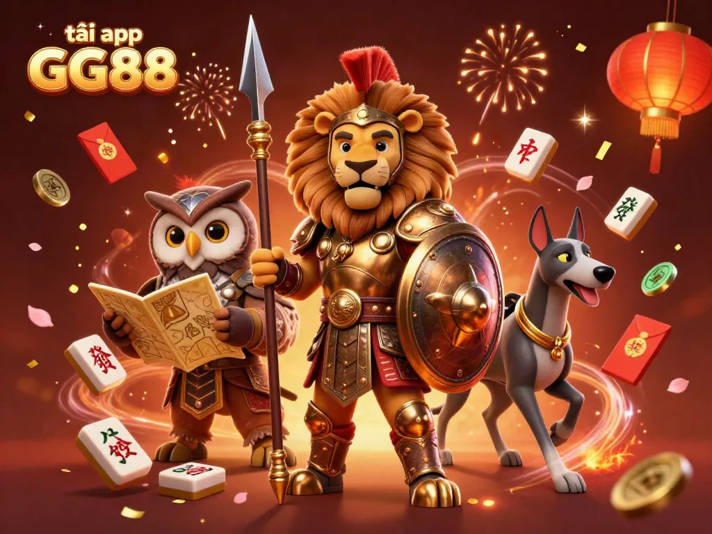 Experience the thrill of tải app GG88 with a vibrant casino-themed scene featuring a Spartan lion and enchanting characters.
