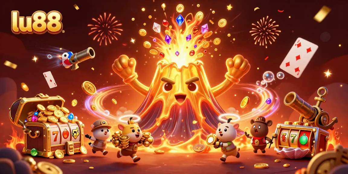 lu88 casino bonuses erupt from a victorious volcano, revealing treasures and gaming elements.