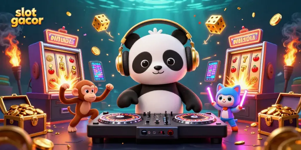 Engage with slot gacor activities at lively casino scene with DJ panda and friends.