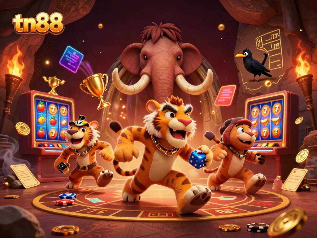 Engage in thrilling slots at tn88 with a vibrant prehistoric casino scene featuring colorful game elements.
