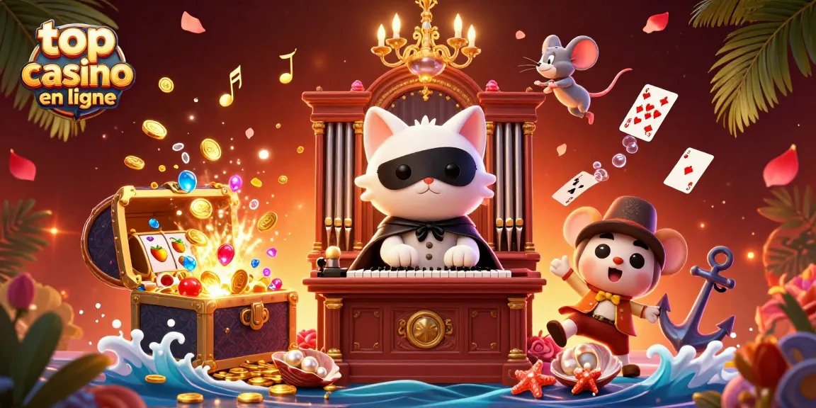 Une illustration 3D captivante montrant un top casino en ligne avec un chat masqué et des éléments de jeu animés.