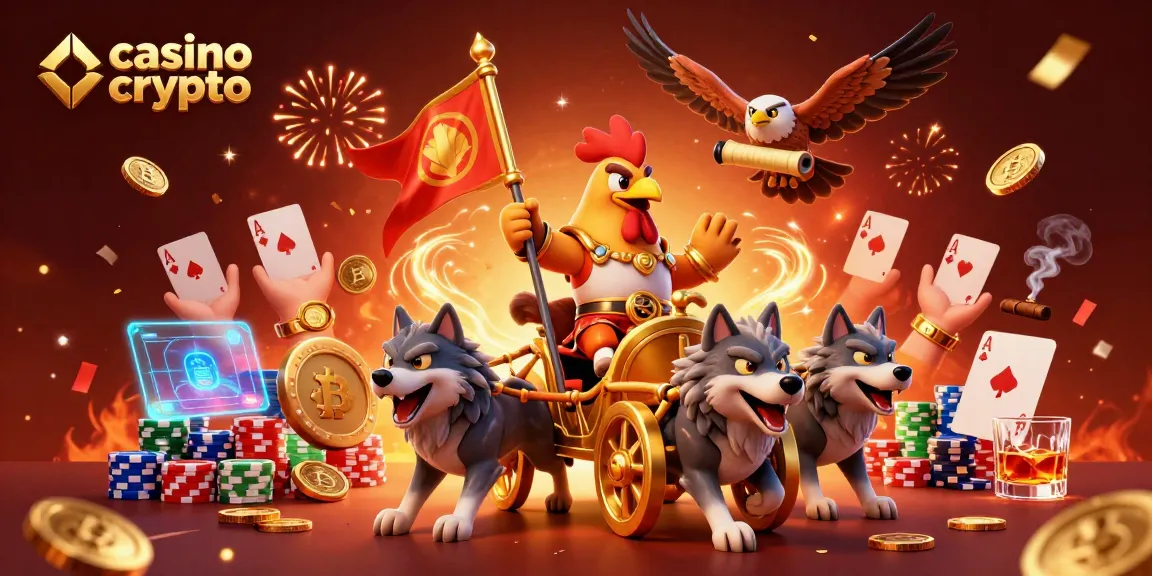 Visuel coloré de casino crypto avec un coq guerrier et des éléments de jeu attrayants.