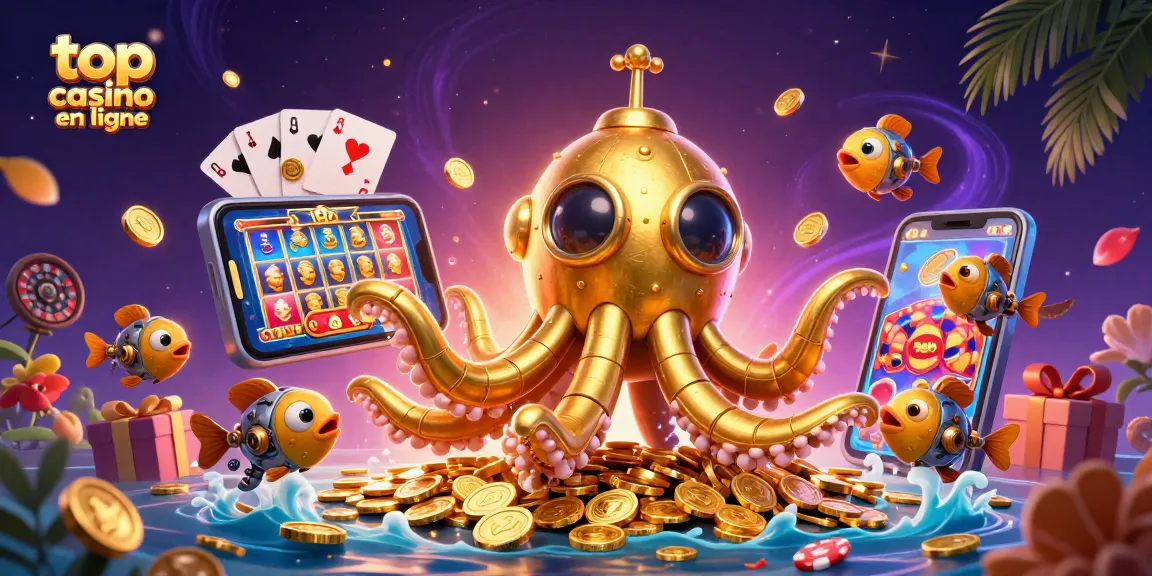 Profitez du meilleur casino en ligne avec une illustration 3D dynamique mettant en scène un kraken doré et des éléments de jeu.