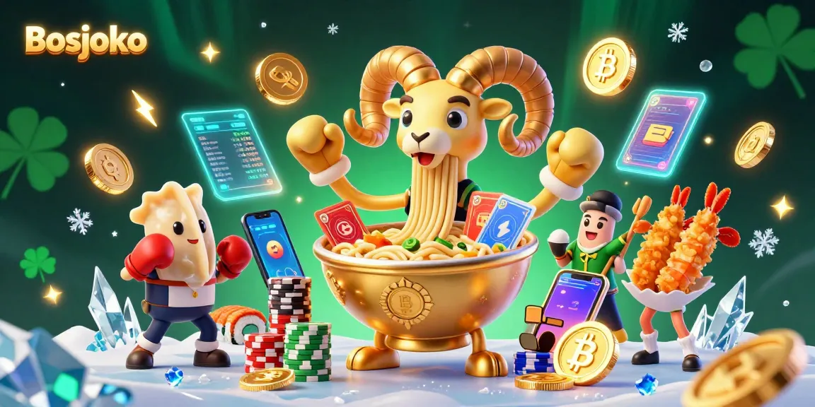 Bosjoko gamblers engaging with a vibrant casino scene featuring a ramen bowl character, crypto coins, and neon accents