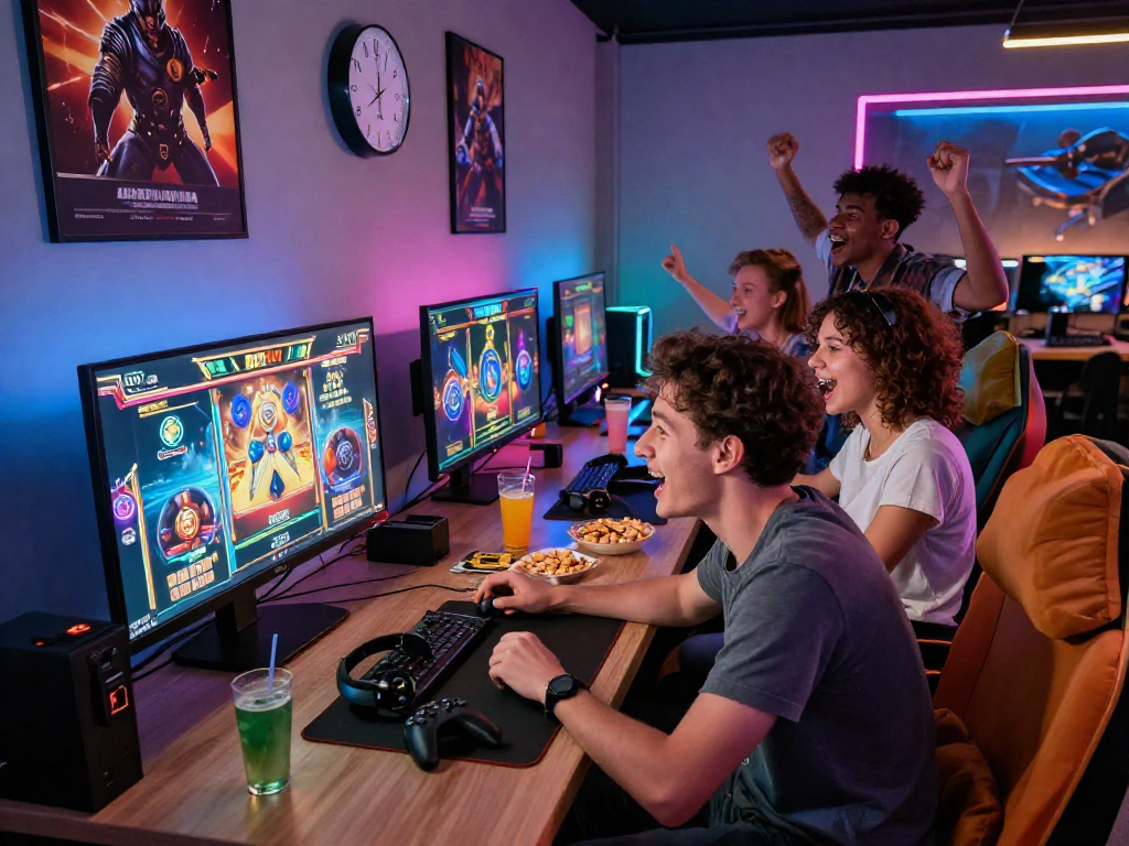 Friends enjoying a thrilling slot game in a lively gaming lounge with ambient lighting