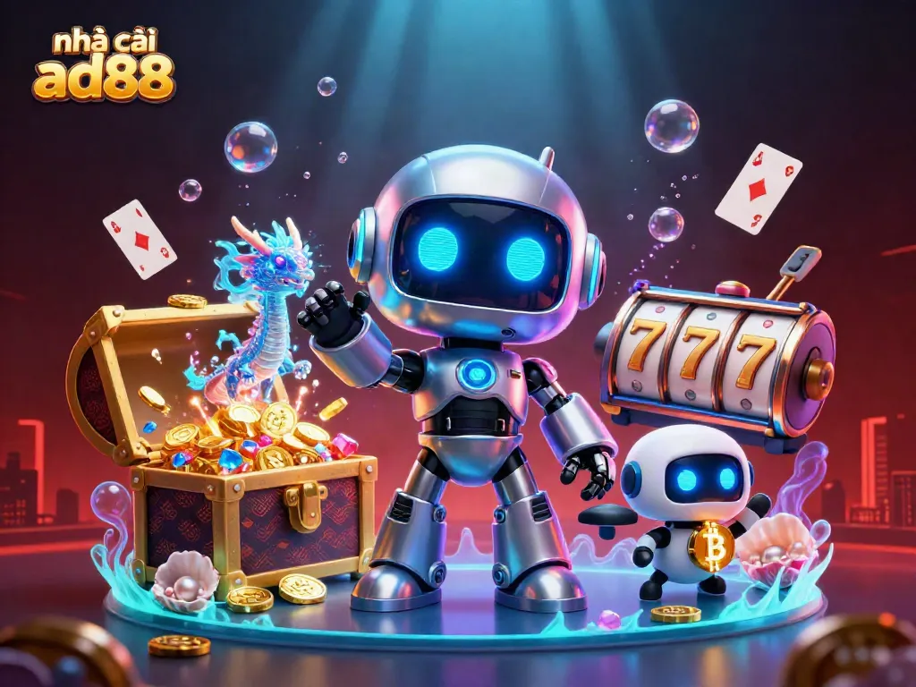 Engage with nhà cái ad88's thrilling slots and jackpot action in a vibrant 3D casino scene.