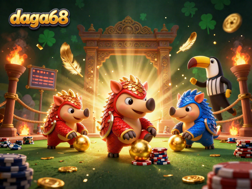 Engaging pangolins compete at daga68 casino, rolling golden balls and poker chips in a vibrant arena.